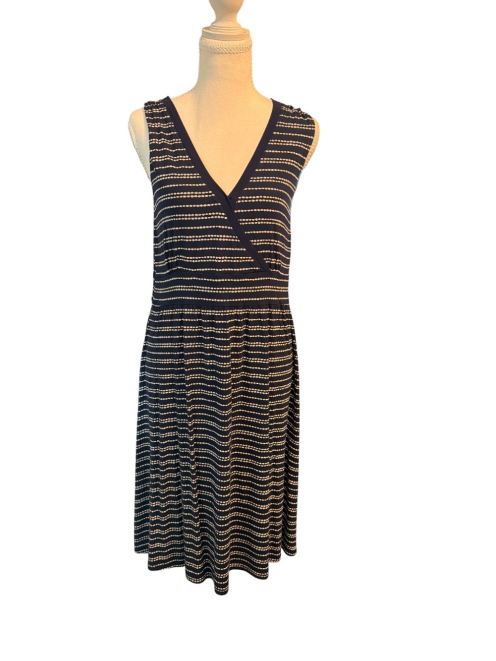 L.L.Bean Petite Navy Stripe Faux Wrap Midi Dress L